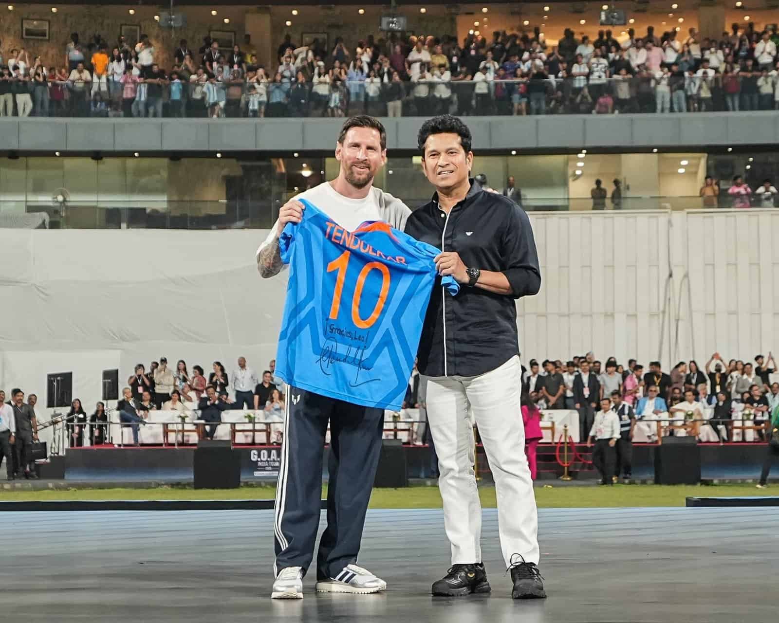 Lionel Messi’s Historic GOAT Tour in India as he shares a moment with cricket legend Sachin Tendulkar