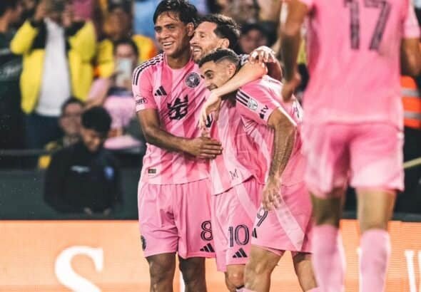 Lionel Messi and Germán Berterame celebrating during Inter Miami’s 2026 preseason match