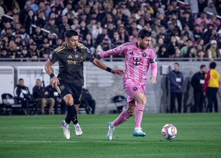 Inter Miami players reacting during a 3–0 loss to LAFC in the MLS 2026 season opener