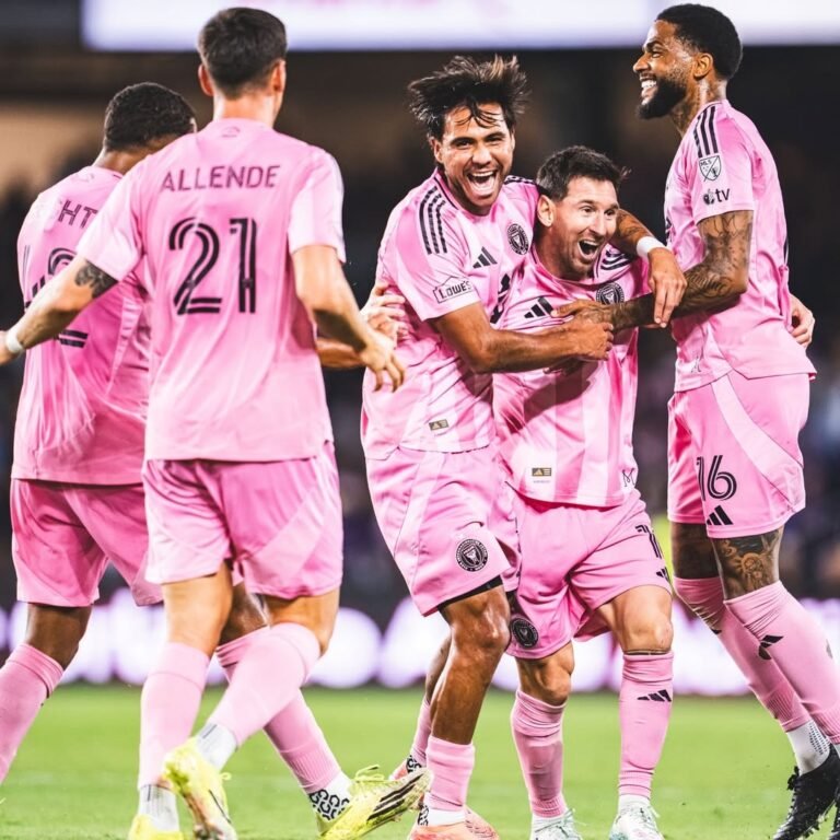 Lionel Messi celebrating a free kick during Inter Miami’s Florida Derby comeback win over Orlando City
