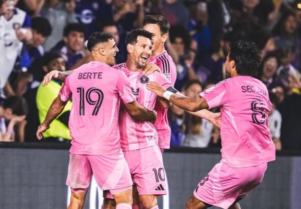 Lionel Messi celebrating after scoring during Inter Miami’s comeback win over Orlando City