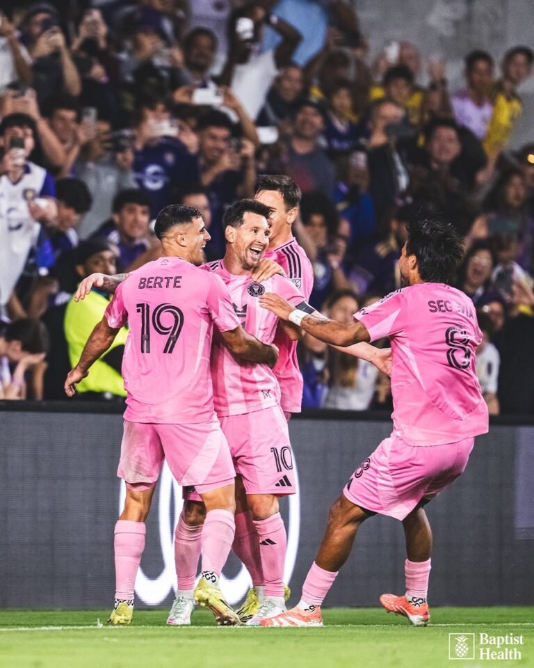 Lionel Messi celebrating after scoring during Inter Miami’s comeback win over Orlando City