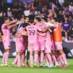 Lionel Messi celebrating after scoring for Inter Miami against DC United in Baltimore