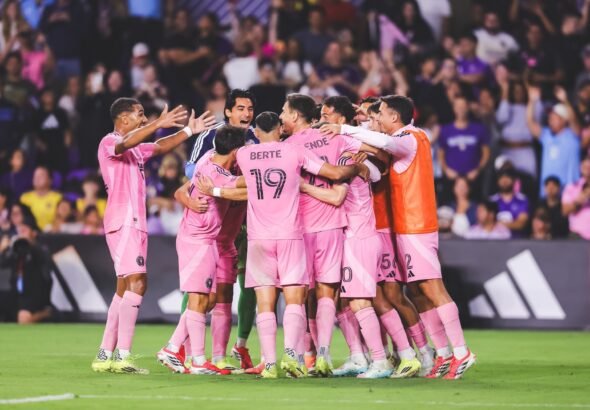 Lionel Messi celebrating after scoring for Inter Miami against DC United in Baltimore
